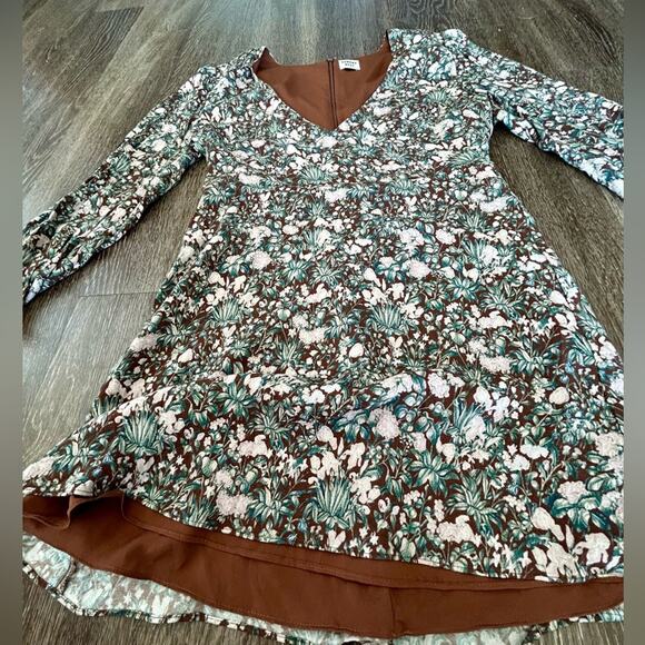 EUC Aritzia Sunday Best Grayson Floral Print Long Sleeve Mini Dress 8 Mocha Teal - Picture 8 of 16